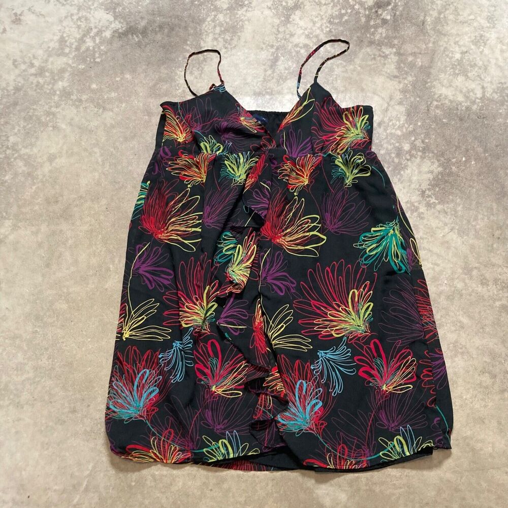Gap Dress Womens XL Black Floral Sleeveless Ruffle Lined V Neck 90s